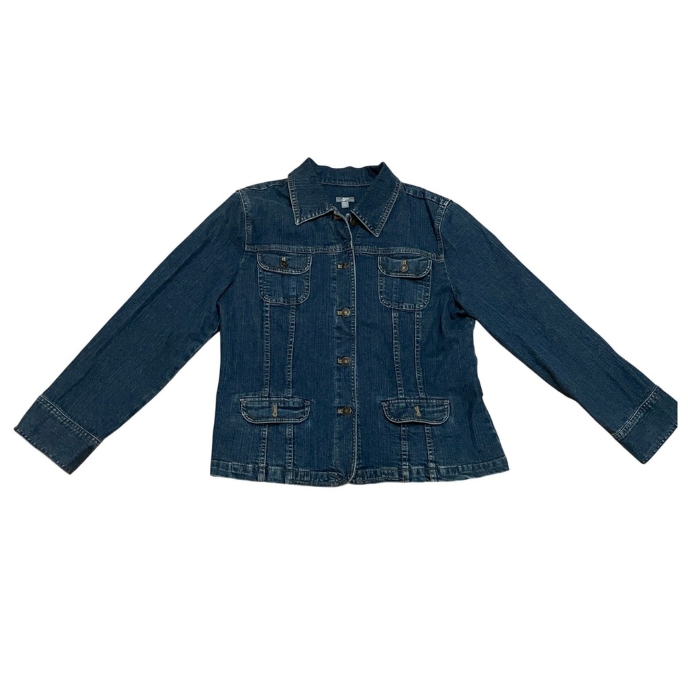 J. Jill Womens Large Dark Wash Blue Stretch Cotton Denim Trucker Jacket RN 97641